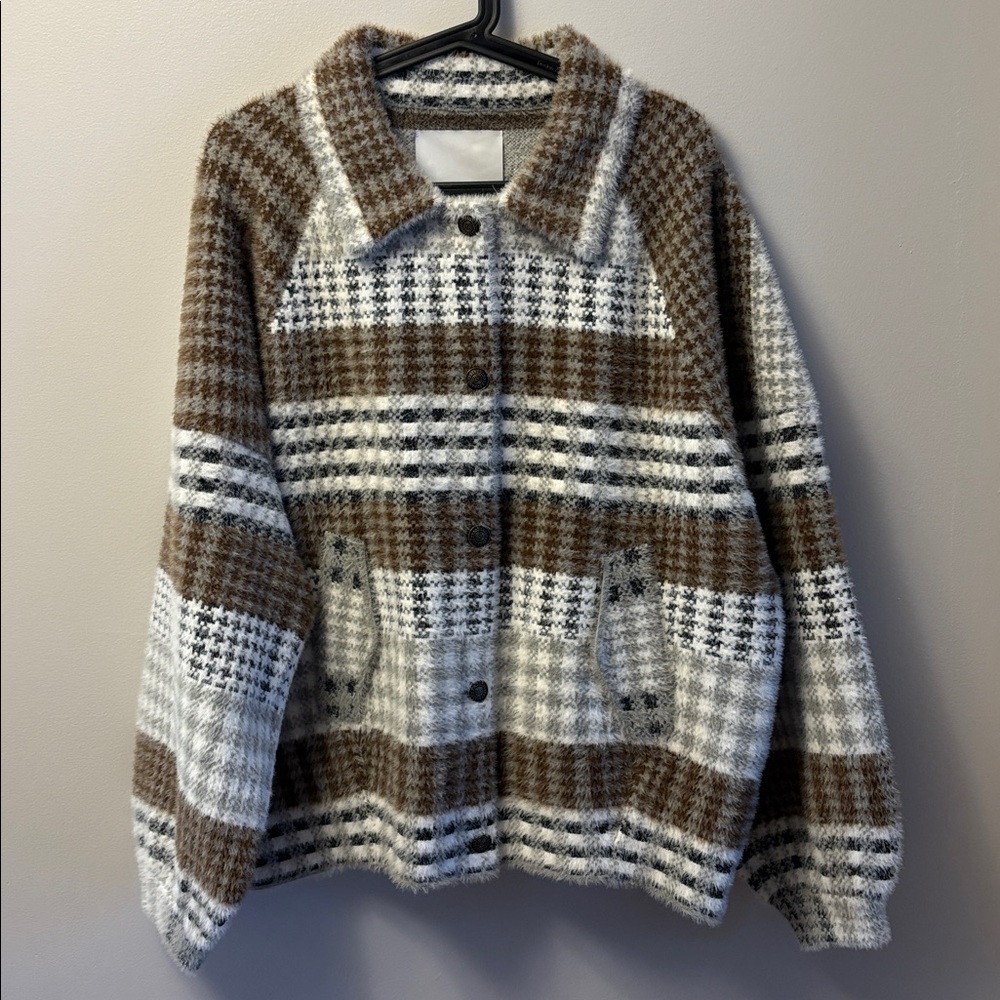 NVLT Brown and Cream Plaid Bomber Jacket NWOT - Picture 5 of 13